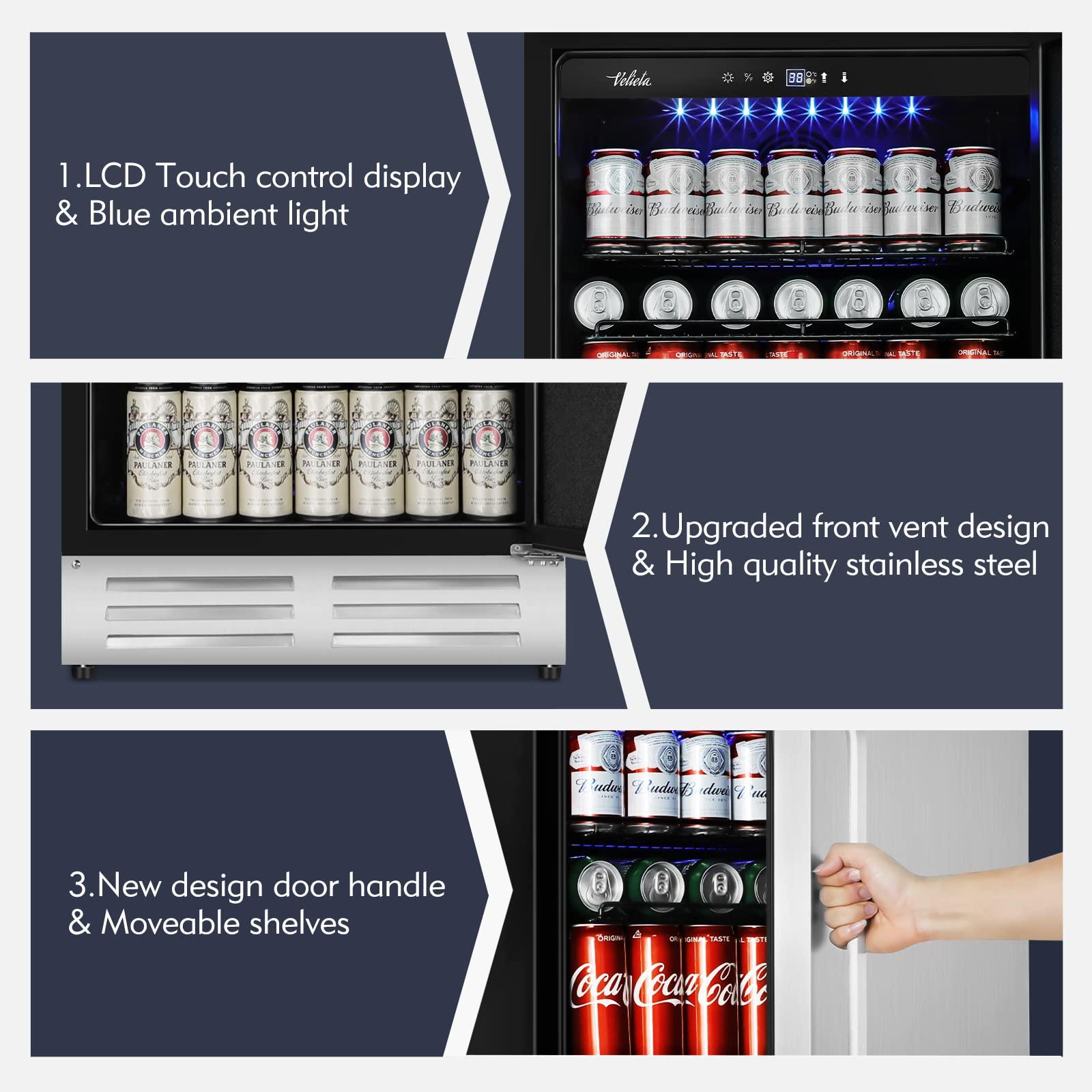 Velieta 24 Inch Beverage Refrigerator Cooler,Stainless Steel Wide Refrigerator for 210 Cans,Fit Perfectly for 24" Space Built-in Counter or Freestanding with powerful and quiet cooling system - CookCave