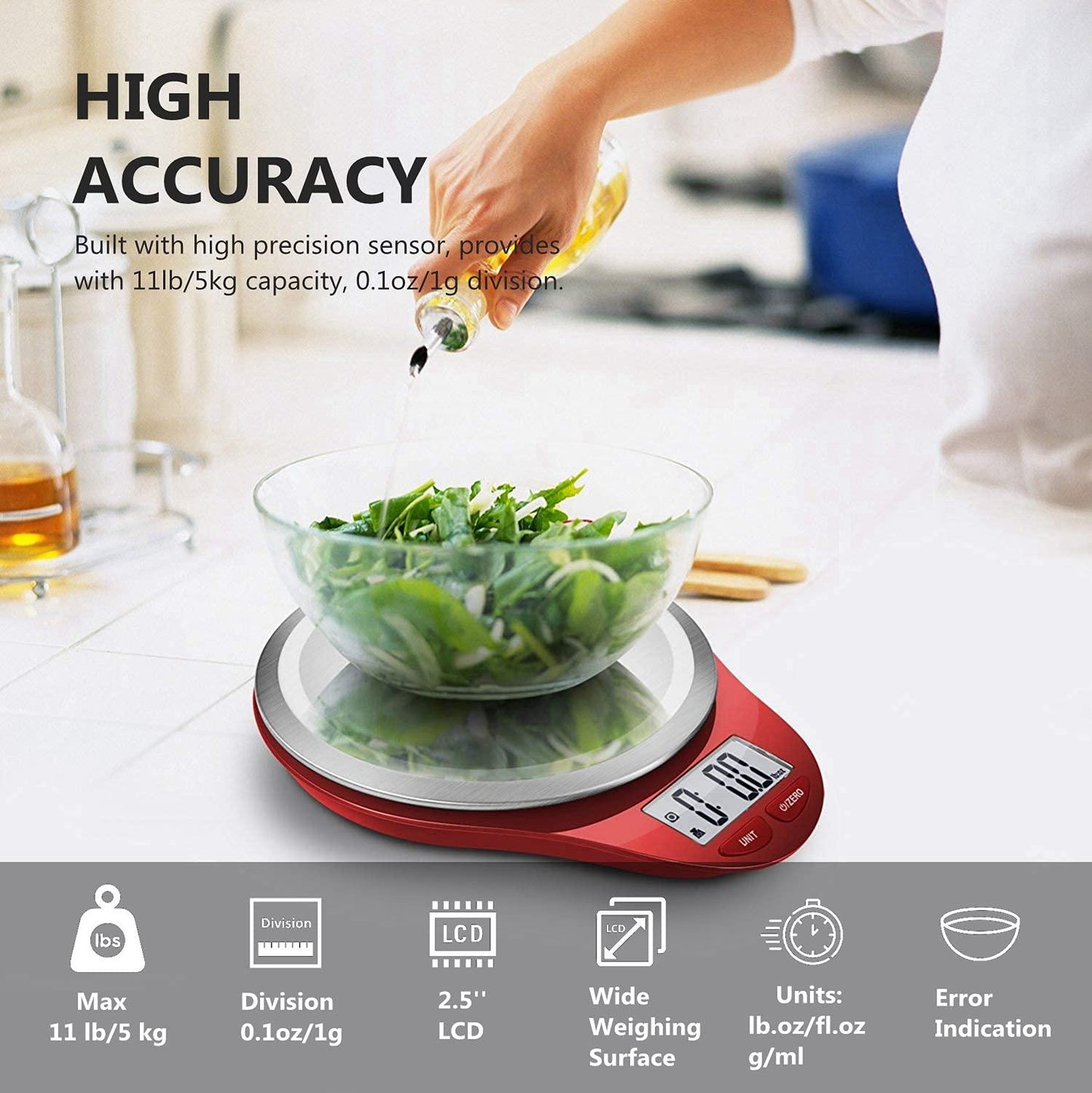 NUTRI FIT Digital Kitchen Scale with Wide Stainless Steel Plateform High Accuracy Multifunction Food Scale with LCD Display for Baking Kitchen Cooking,Tare & Auto Off Function (Red) - CookCave