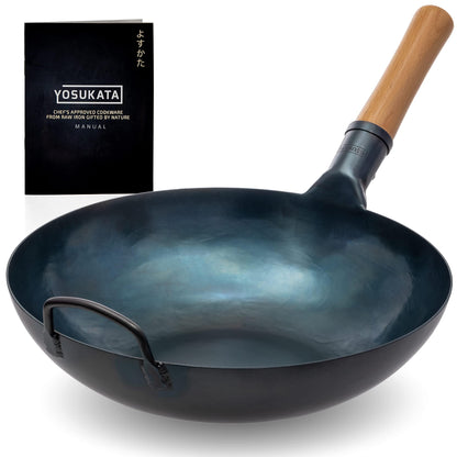 YOSUKATA Flat Bottom Wok Pan - 13.5" Blue Carbon Steel Wok - Preseasoned Carbon Steel Skillet - Traditional Japanese Cookware for Electric Induction Cooktops Woks and Stir Fry Pans - CookCave