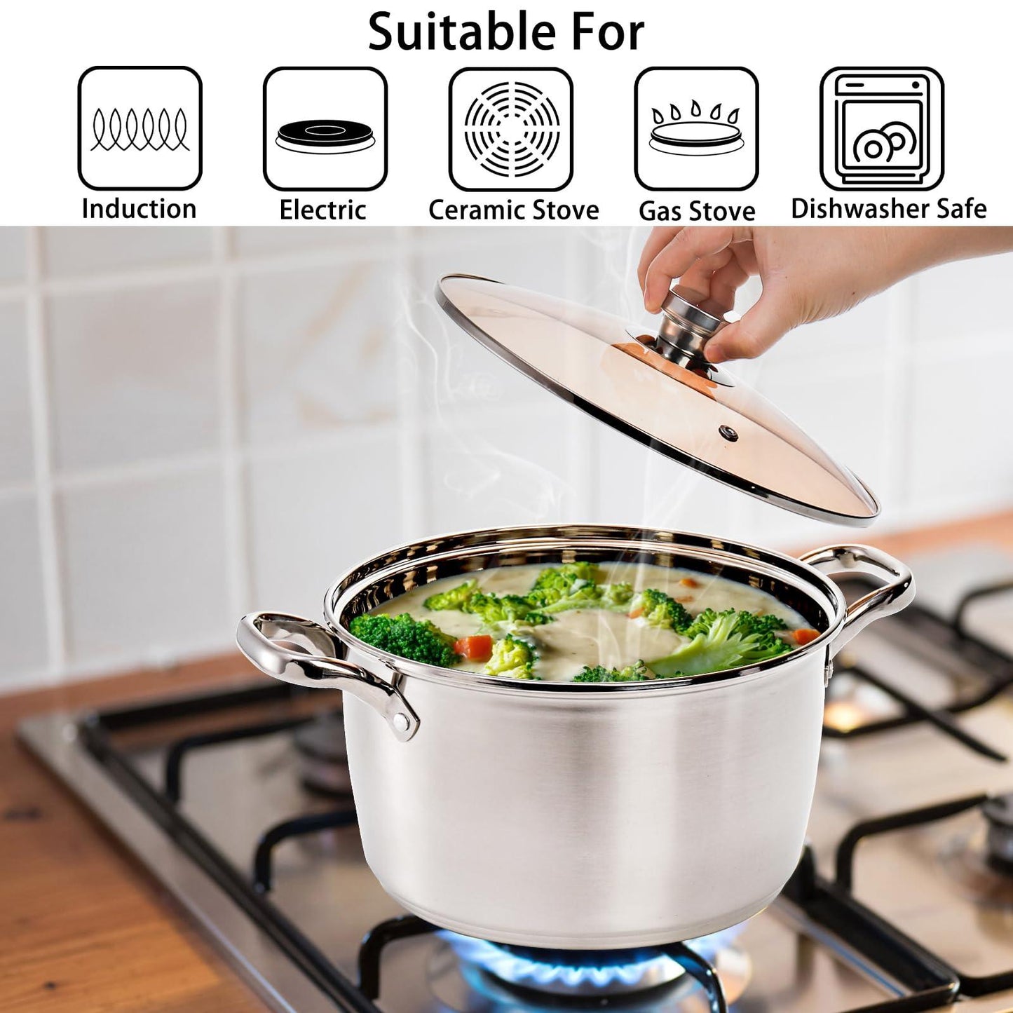 ZEAYEA Stainless Steel Stockpot, 5.8 Quart Cooking Pot with Glass Lid, Soup Pasta Pot with Double Heatproof Handles for Stew, Sauce and Reheat Food, Dishwasher Safe - CookCave