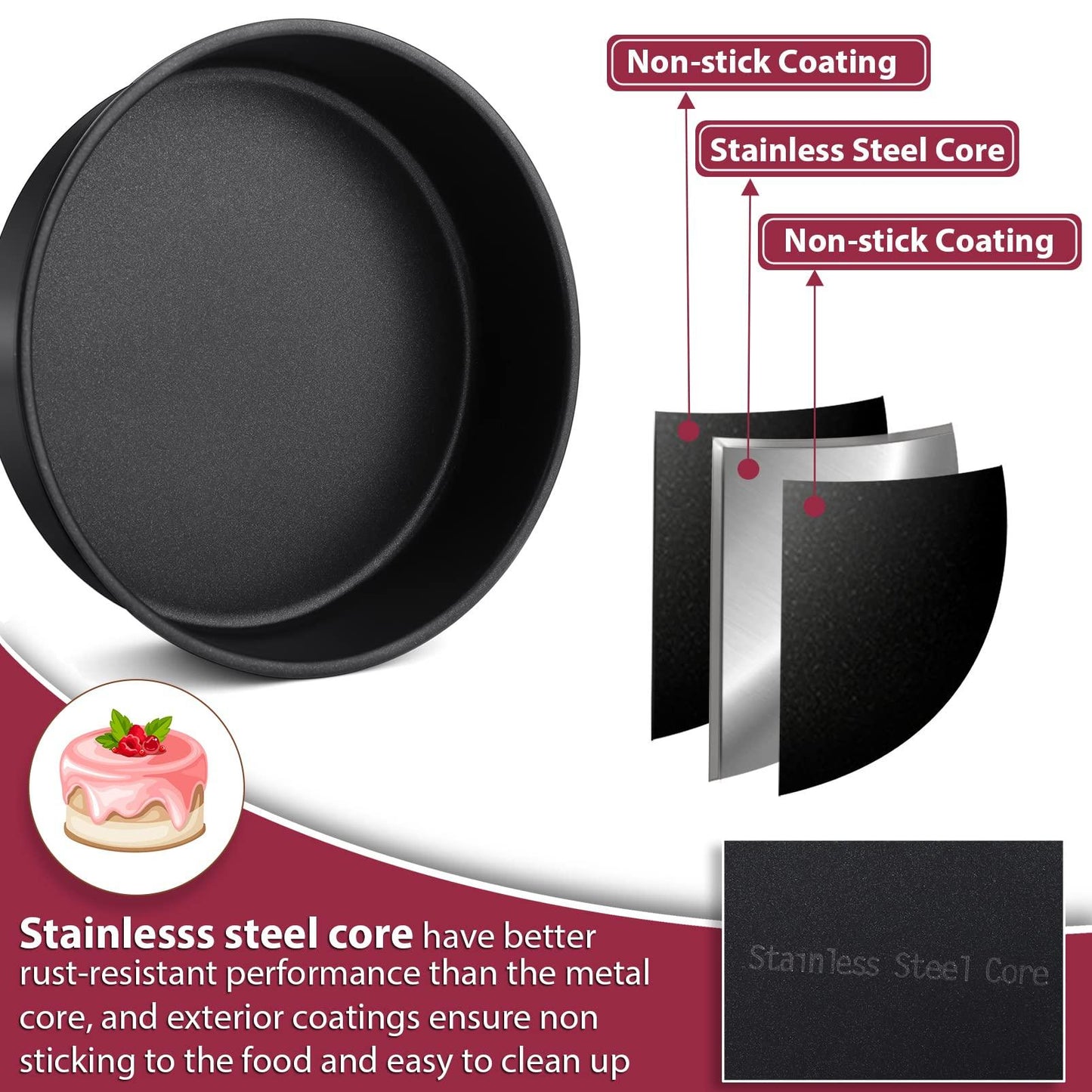 8 Inch Round Cake Pan Set, P&P CHEF 3 Piece Non-Stick Cake Baking Pans for Birthday Wedding Layer Cakes, Stainless Steel Core & One-piece Design, Sturdy & Healthy, Black - CookCave