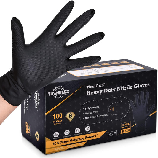 TitanFlex Thor Grip Heavy Duty Black Industrial Nitrile Gloves, 8-mil, XL, Box of 100, Gloves Disposable Latex Free with Raised Diamond Texture Grip, Powder Free, Rubber Gloves, Mechanic Gloves - CookCave