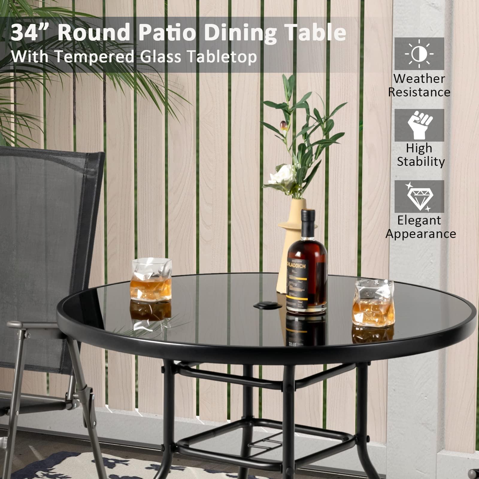 Tangkula 34 Inch Patio Dining Table, Round Tempered Glass Table with 1.5” Umbrella Hole, Heavy-Duty Metal Frame, Outdoor Metal Dining Table for Garden, Balcony, Porch - CookCave