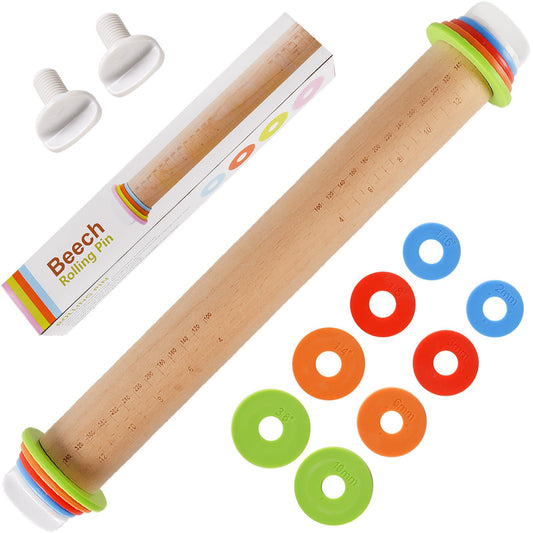 Wood Rolling Pin With 4 Adjustable Thickness Rings, Non-stick Dough Roller For Baking, 17 Inch Pizza Roller For Kitchen supplies, Handle Press Design For Fondant, Pizza, Pie Crust, Cookie, Pastry - CookCave