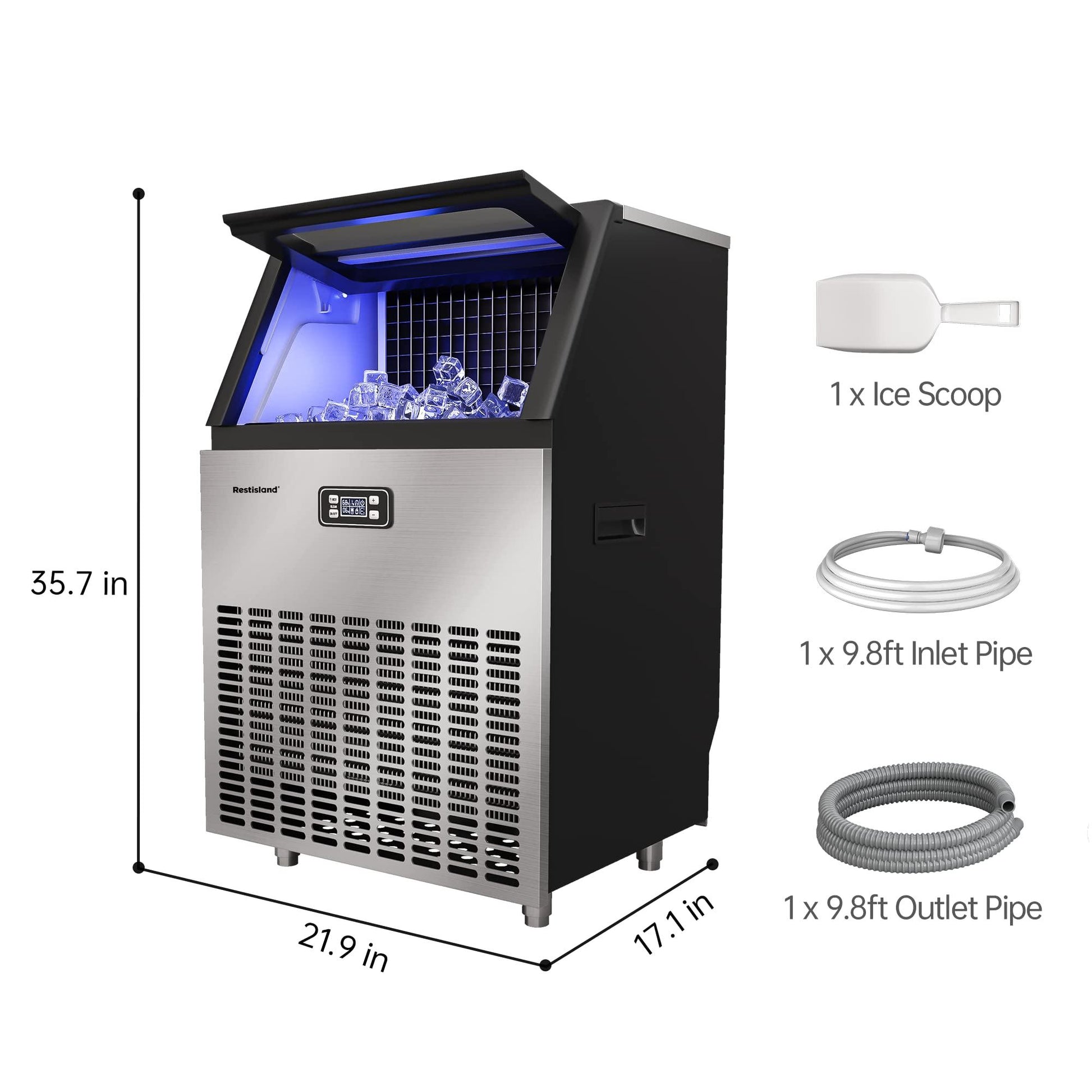 RESTISLAND Commercial Ice Maker Machine, 270 lbs/24 Hours, 48 lbs Storage Bin, Stainless Steel, Blue Light, Freestanding, Great for Home or Business, Includes Ice Scoop, Connecting Hose - CookCave