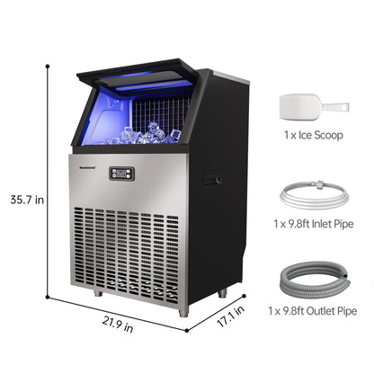 RESTISLAND Commercial Ice Maker Machine, 270 lbs/24 Hours, 48 lbs Storage Bin, Stainless Steel, Blue Light, Freestanding, Great for Home or Business, Includes Ice Scoop, Connecting Hose - CookCave