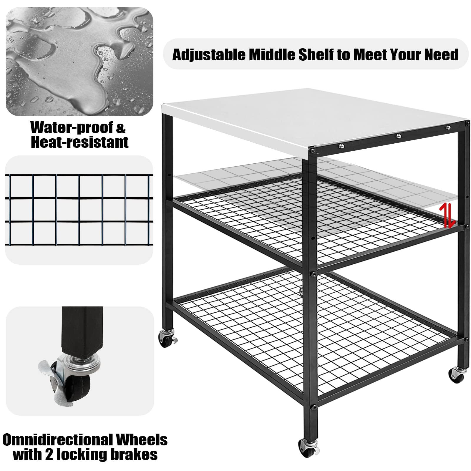 WEASHUME Stainless Steel Grill Cart Pizza Oven Stand Trolley Table with Wheels Three-Shelf Movable Food Prep and Work Cart Table Heavy Duty Grill Cart Outdoor Cart 31.5"×24"×35.5" - CookCave