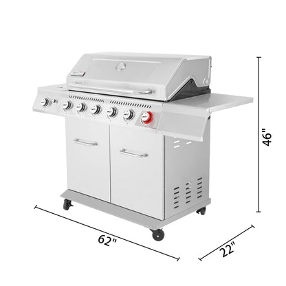Royal Gourmet GA6402S Stainless Steel Gas Grill, Premier 6-Burner Propane BBQ Grill with Sear Burner and Side Burner, 74,000 BTU, Cabinet Style, Outdoor Barbecue Party Grill, Silver - CookCave
