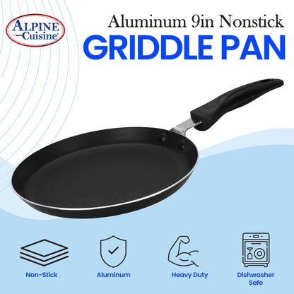 Alpine Cuisine Griddle Pan Aluminum 9-Inch Nonstick Coating, Griddle Pan for Stove Top with Stay Cool Handle, PFOA Free, nonstick cookware - Dishwasher Safe - Gray - CookCave