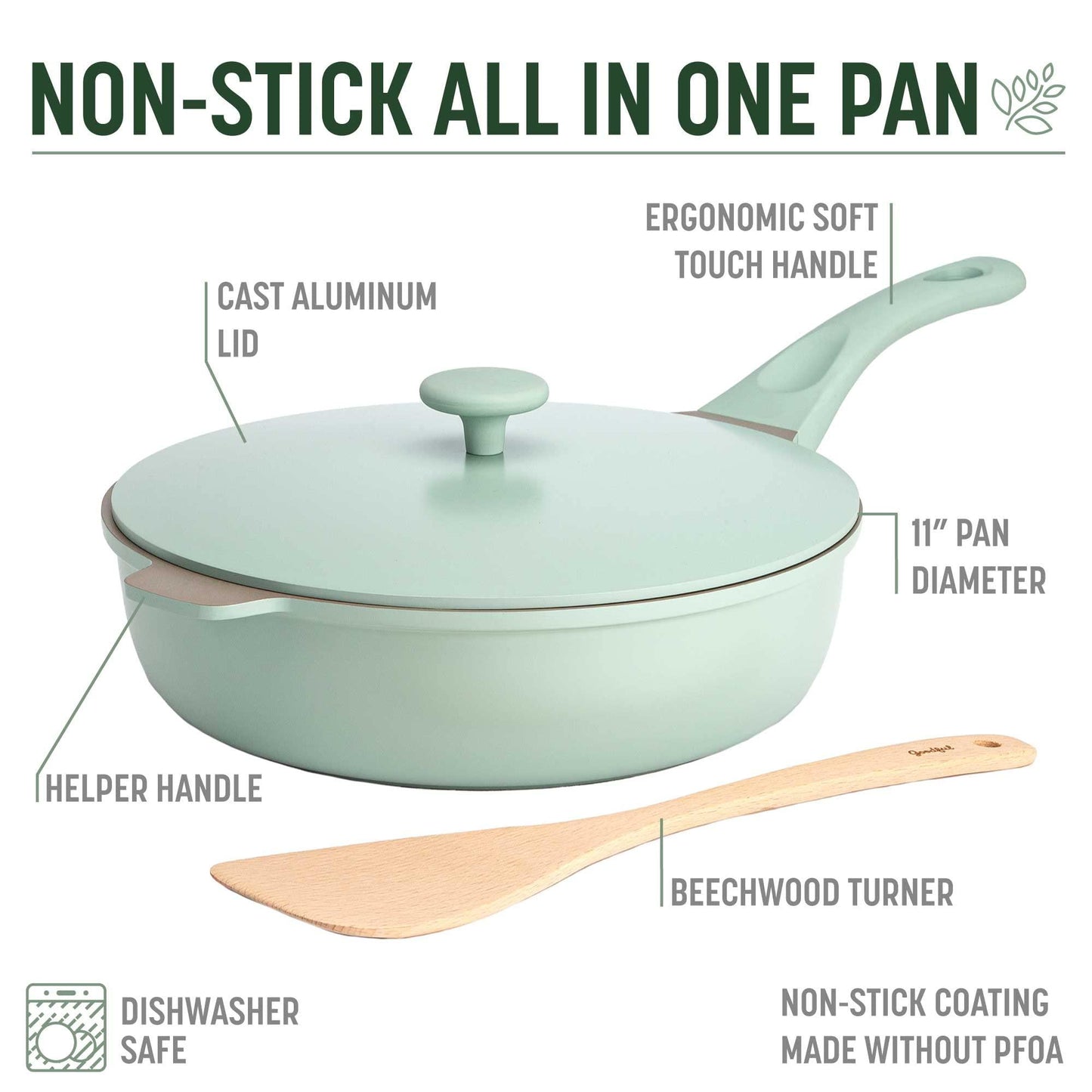 Goodful All-in-One Pan, Multilayer Nonstick, High-Performance Cast Construction, Multipurpose Design Replaces Multiple Pots and Pans, Dishwasher Safe Cookware, 11-Inch, 4.4-Quart Capacity, Sage Green - CookCave