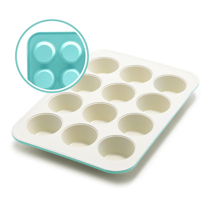 GreenLife Bakeware Healthy Ceramic Nonstick, 12 Cup Muffin and Cupcake Baking Pan, PFAS-Free, Turquoise - CookCave