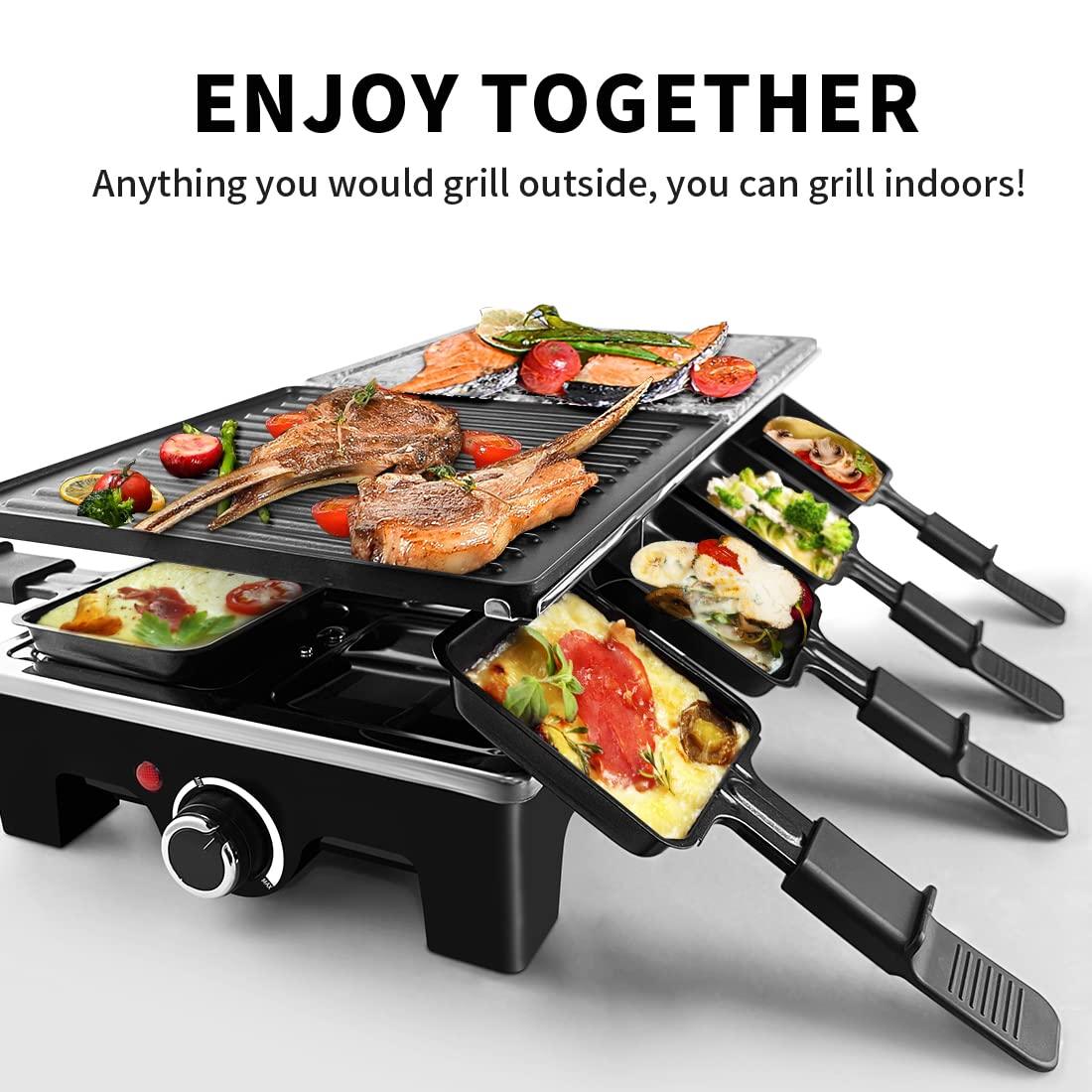 Raclette Table Grill, CUSIMAX Indoor Grill Electric Grill, Portable Korean BBQ Grill with 2 in 1 Reversible Non-stick Plate & Natural Grill Stone, 8 Raclette Pans 8 Wooden Spatulas for Family Fun - CookCave