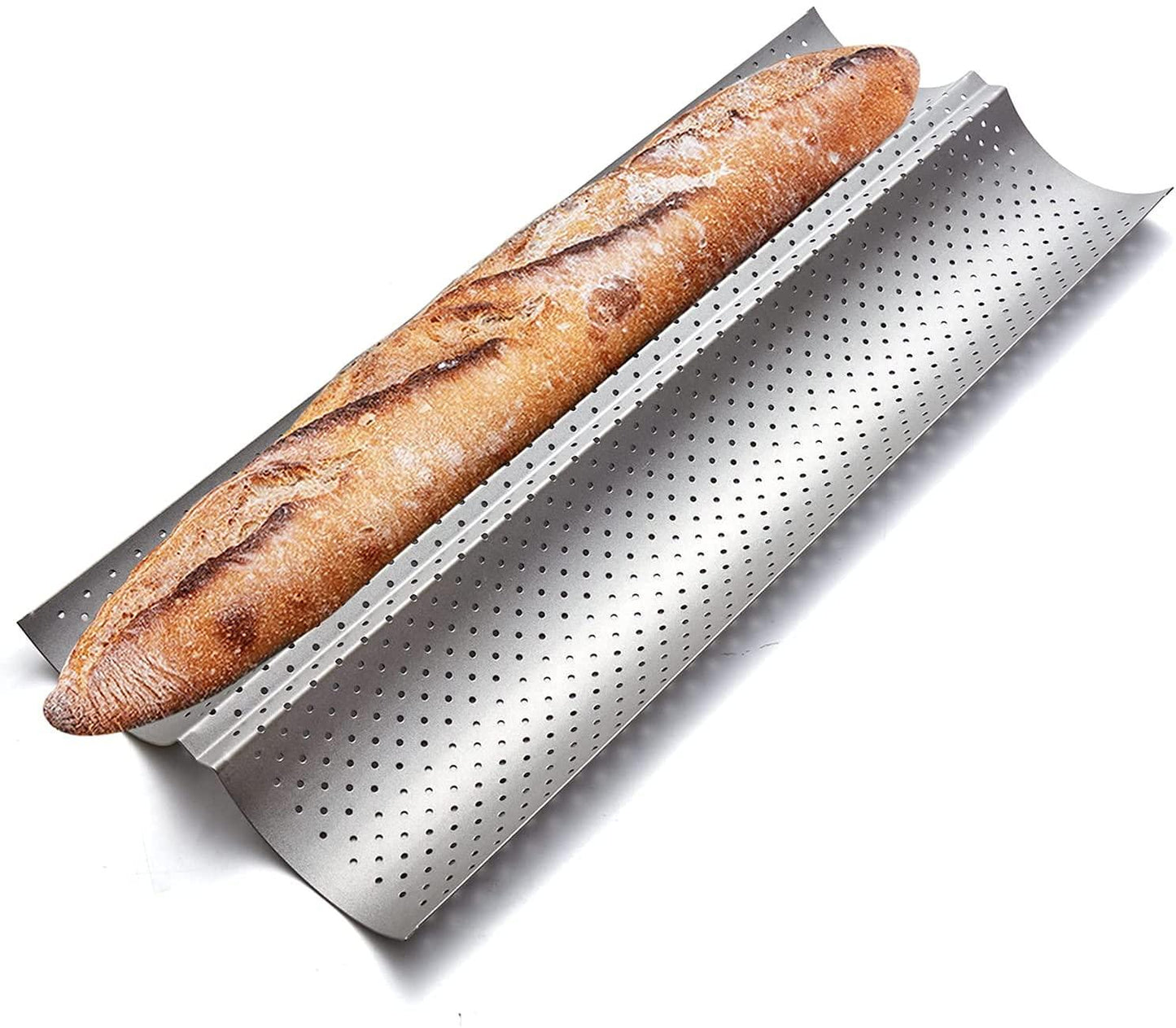 KITESSENSU Nonstick Baguette Pans for French Bread Baking, Perforated 2 Loaves Baguettes Bakery Tray, 15" x 6.3", Silver - CookCave