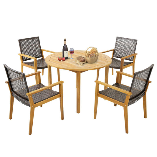 Tangkula 5 Pieces Patio Dining Set, 4 Patio Wicker Armchairs and Round Acacia Wood Dining Table, Outdoor Table and Chairs Set for Backyard, Poolside, Garden - CookCave
