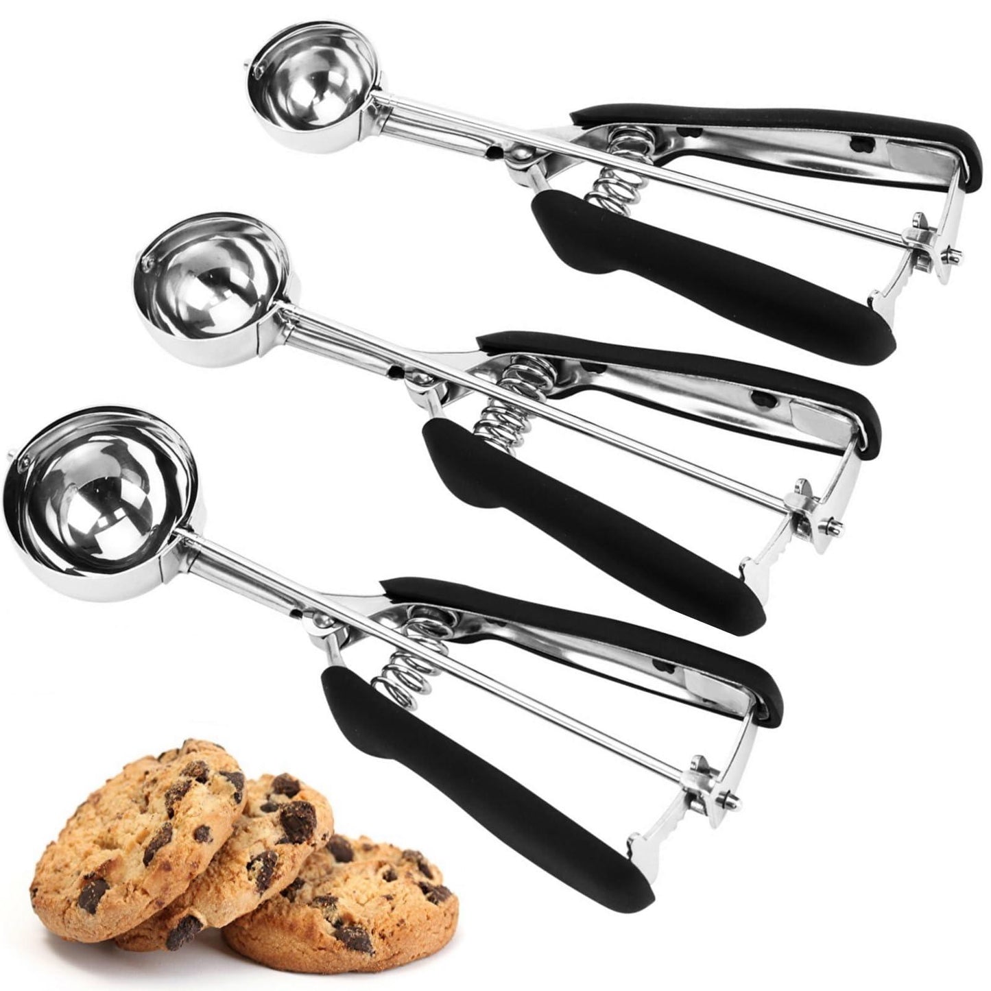 Cookie Scoop Set, 3Pcs Ice Cream Scoop, Cookie Scoops for Baking Set of 3, 18/8 Stainless Steel Cookie Scooper for Baking, Ice Cream Scooper with Trigger Release, Cookie Dough Scoop with Non-slip Grip - CookCave