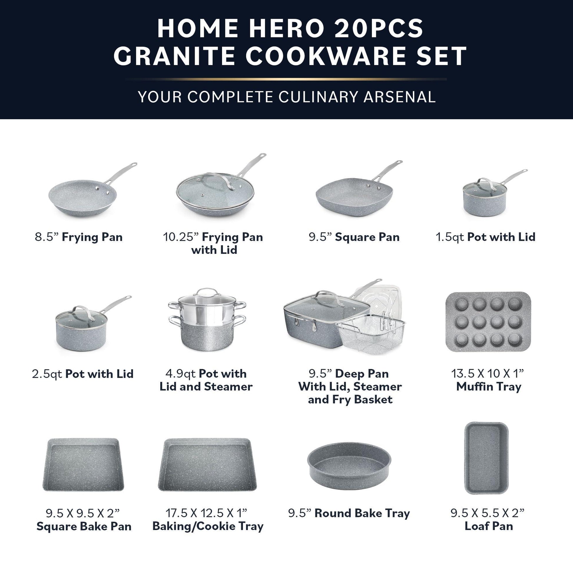 Home Hero 20 Pcs Pots and Pans Set Non Stick - Induction Compatible Granite Cookware Set + Bakeware Set - Non Toxic, PFOA Free, Oven Safe Pot and Pan Set (Gourmet - 20 Pcs Granite) - CookCave