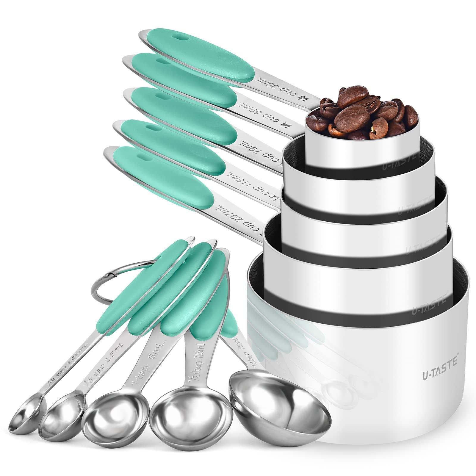 Measuring Cups and Spoons Set: U-Taste 18/8 Stainless Steel 10 Pieces Metal Stacking Kitchen Baking Cooking Food Measure Set 5 Cups 5 Spoons with Strengthened Weld Joints (Aqua Sky, Upgraded Version) - CookCave