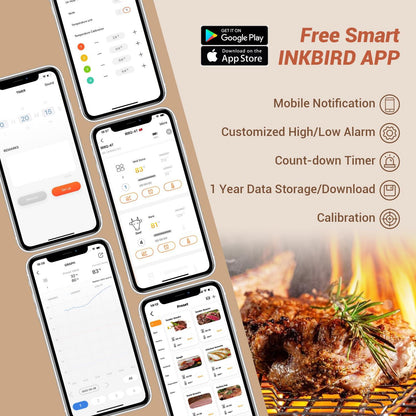 Inkbird WiFi Meat Thermometer IBBQ-4T, Wireless WiFi BBQ Thermometer for Smoker, Oven | APP Calibration Temp Graph | Mobile Notification Timer Alarm | Rechargeable Digital Grill Thermometer, 4 Probes - CookCave