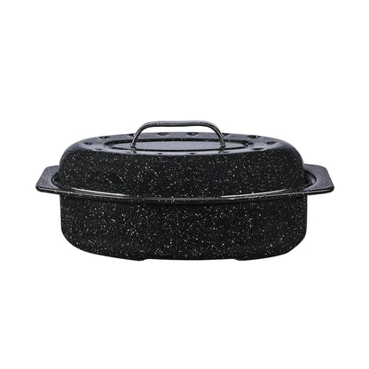 Granite Ware 13-inch oval roaster with Lid. Enameled steel design to accommodate up to 7 lb poultry/roast. Resists up to 932°F. Ideal for preparing meals for two! - CookCave