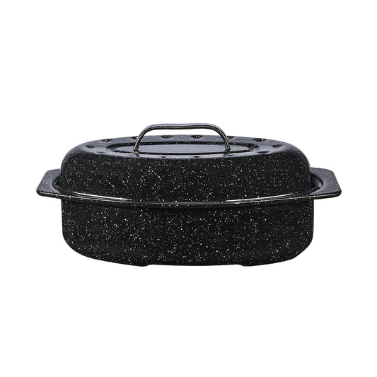 Granite Ware 13-inch oval roaster with Lid. Enameled steel design to accommodate up to 7 lb poultry/roast. Resists up to 932°F. Ideal for preparing meals for two! - CookCave