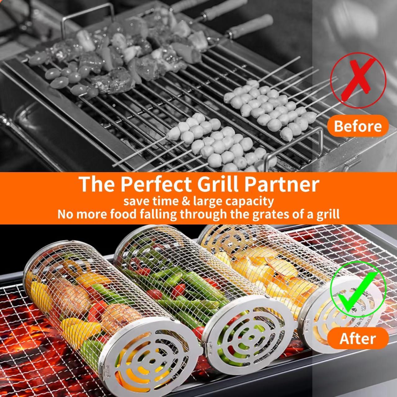 Wrakus Rolling Grilling Baskets for Outdoor - Grill Grate Charcoal Round BBQ Stainless Steel Basket Campfire Grid Camping Picnic Cookware - CookCave