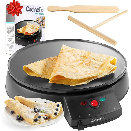 12" Griddle & Crepe Maker, Non-Stick Electric Crepe Pan w Batter Spreader & Recipe Guide- Dual Use for Blintzes Eggs Pancakes, Portable, Adjustable Temperature Settings - Holiday Breakfast or Dessert - CookCave