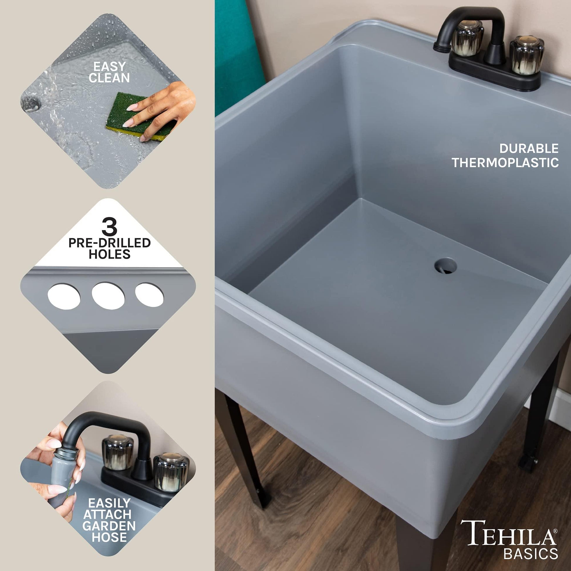 Tehila Basics by JS Jackson Supplies 21-Gallon Grey Freestanding Utility Sink with Black 2-Handle Faucet, Heavy Duty Plastic Laundry Tub with Adjustable Legs - CookCave