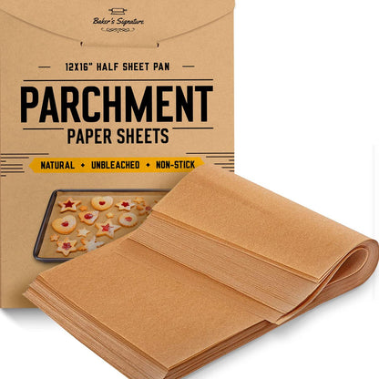 Parchment Paper Baking Sheets by Baker's Signature | Precut Non-Stick & Unbleached - Will Not Curl or Burn - Non-Toxic & Comes in Convenient Packaging - 12x16 Inch Pack of 120 - CookCave