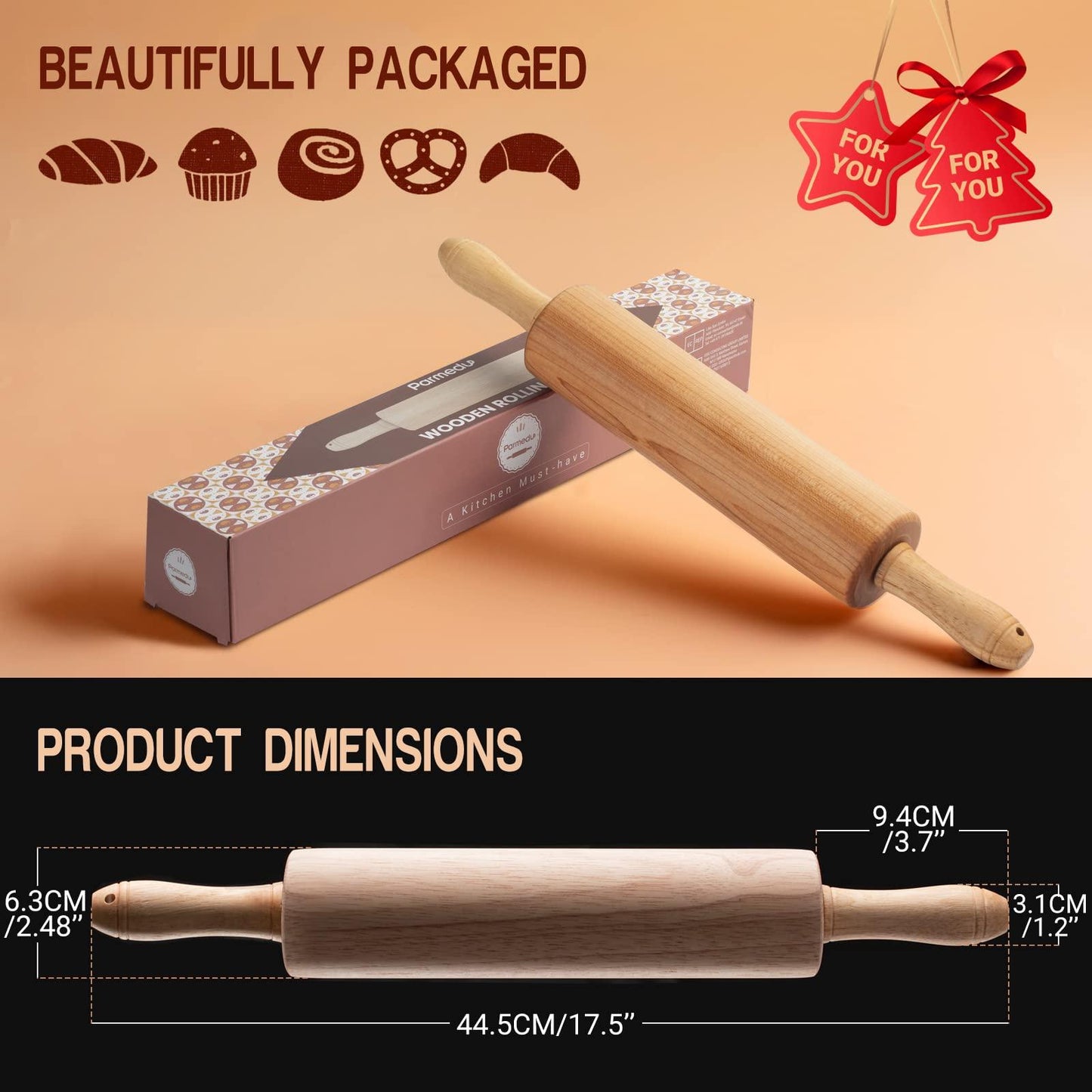 PARMEDU Classic Wooden Rolling Pin 17.5 Inch, Rotating Centre Dough Roller with Handles for All Baking Needs, Model BK004 - CookCave