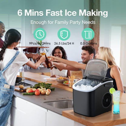 Countertop Ice Maker, Ice Maker Machine 6 Mins 9 Bullet Ice, 26.5lbs/24Hrs, Portable Ice Maker Machine with Self-Cleaning, Ice Scoop, and Basket, Compact Ice Maker for Home/Kitchen/Office/Party - CookCave