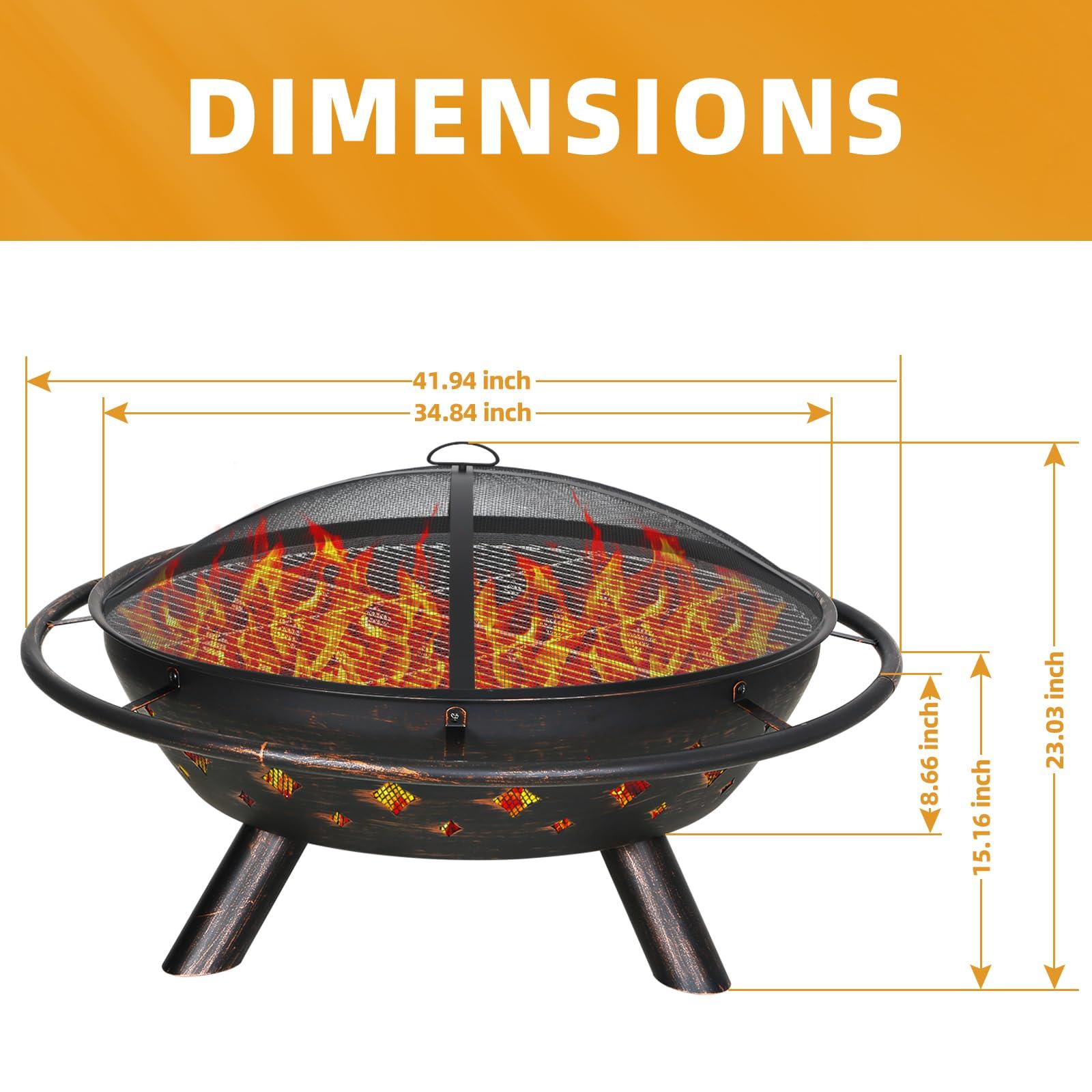 Hykolity 41" Large Size 2 in 1 Outdoor Fire Pit with Grill, Heavy Duty Steel Wood Burning Firepalce, Fire Bowl with Antiqued Copper Finish for Bonfire Patio Backyard - CookCave