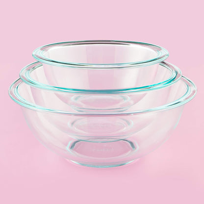 Pyrex Smart Essentials 3-Piece Prepware Mixing Bowl Set, 1-Qt, 1.5-Qt ,and 2.5-Qt Glass Mixing Bowls, Dishwasher, Microwave and Freezer Safe - CookCave