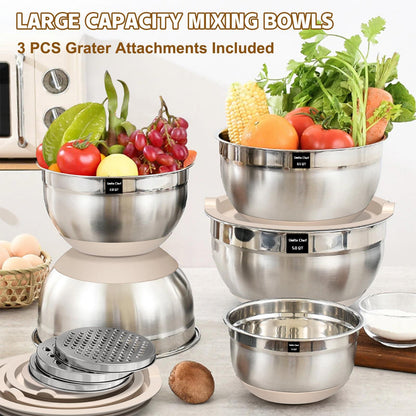 Umite Chef Mixing Bowls with Airtight Lids Set, 8PCS Stainless Steel Khaki Nesting Bowls with Grater Attachments, Kitchen Bowls with Non-Slip Bottoms, Size 5, 4, 3.5, 2, 1.5QT for Mixing & Serving - CookCave