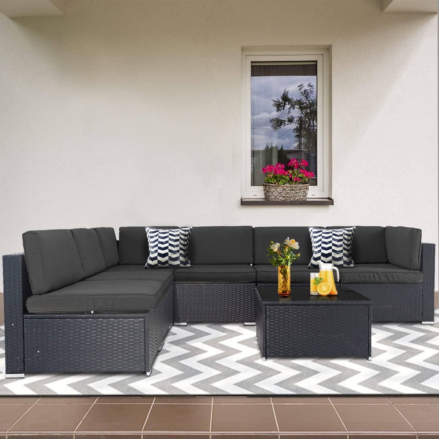 Crownland 7-Piece Outdoor Patio Furniture Sets, All-Weather Black Wicker Rattan Sectional Sofa, Modern Glass Coffee Table and Washable Seat Cushion with YKK Zipper (Grey) - CookCave