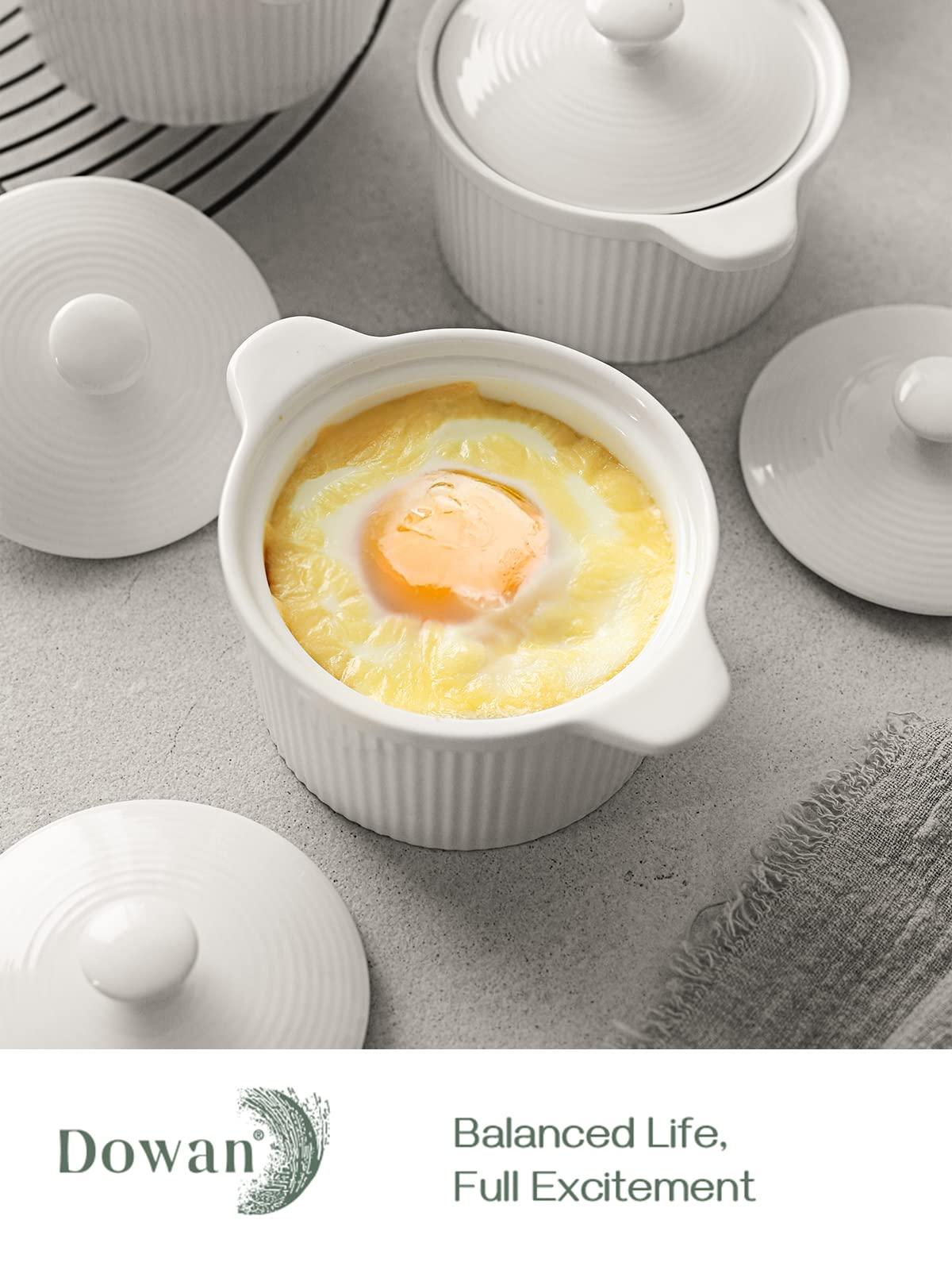 DOWAN Ramekins with Lids 7 oz Oven Safe, Porcelain White Ramekins with Handles for Creme Brulee, Souffle Dish, Soup, Ramekins set with Cover for Baking, Set of 4, White - CookCave