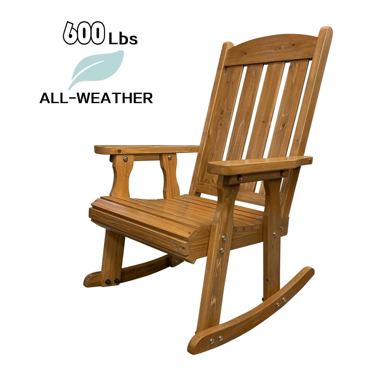 Wooden Rocking Chair with Comfortable Backrest Inclination, High Backrest and Deep Contoured Seat, Solid Fir Wood, Heavy Duty 600 LBS, for Both Outdoor and Indoor, Backyard, Porch and Patio - CookCave