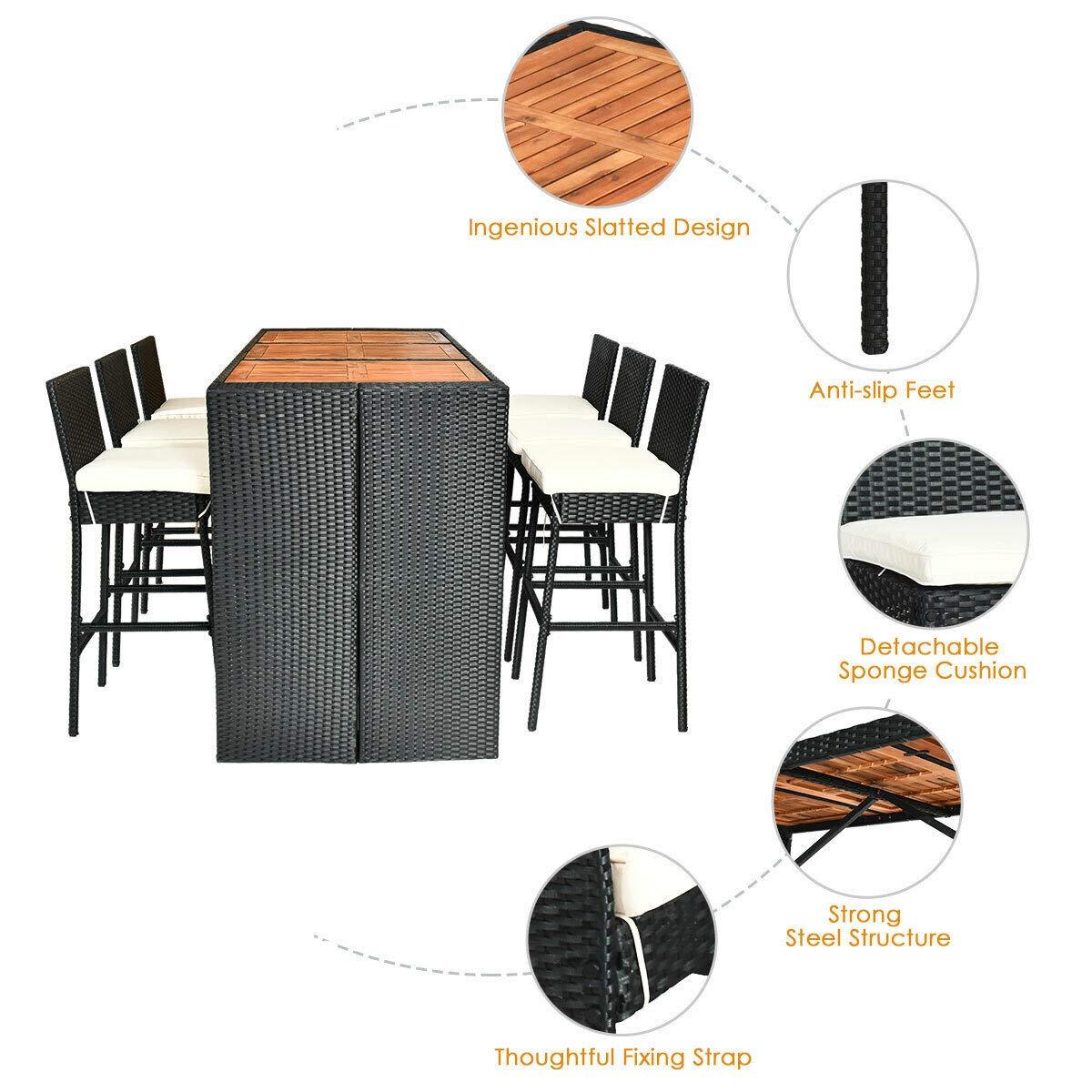 Tangkula 7 PCS Outdoor Wicker Furniture with Acacia Wood Bar Table Top and Removable Cushion, Conversation Set for Dining, Patios, Backyards, Porches, Gardens and Poolside (Black) - CookCave