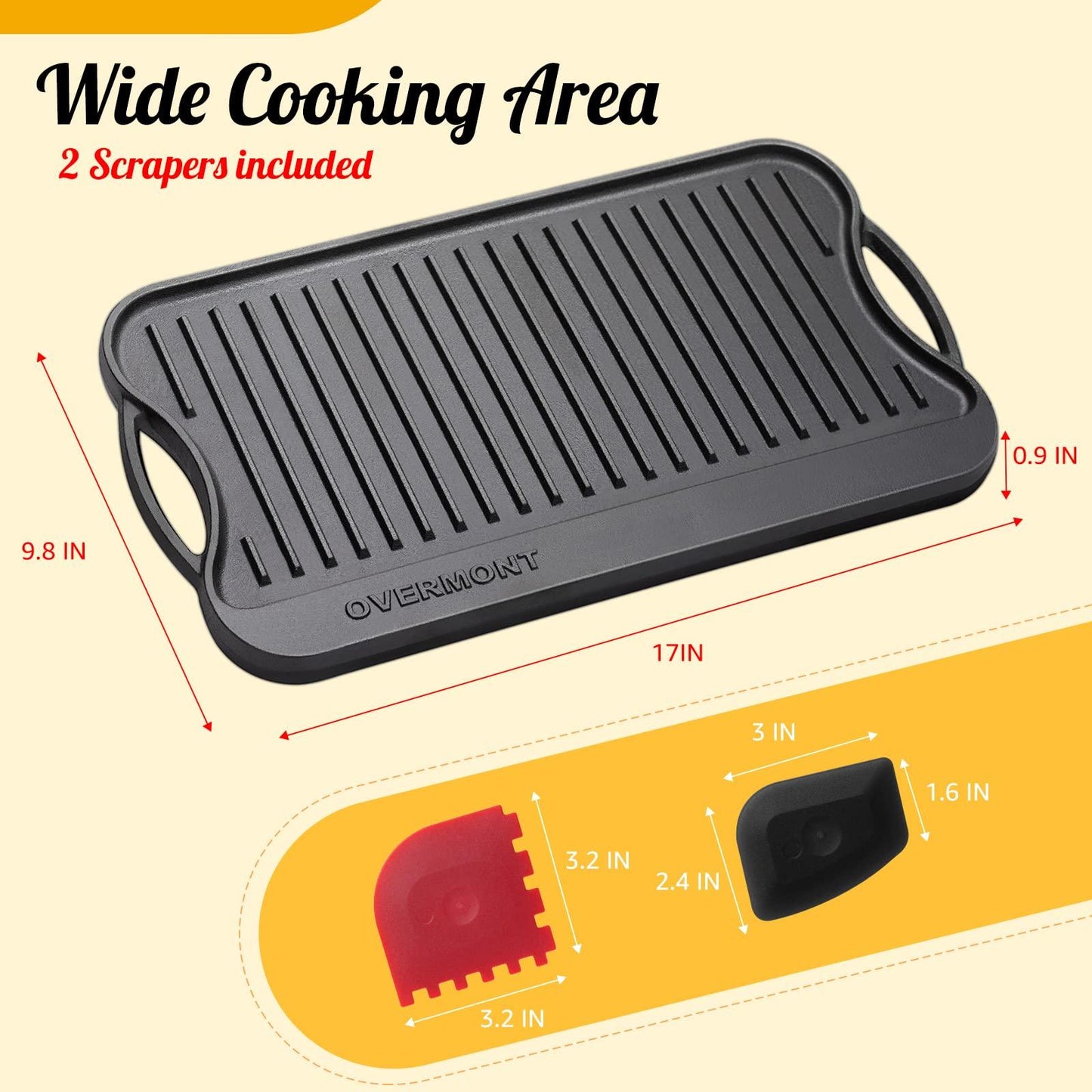 Overmont Pre-seasoned 17x9.8" Cast Iron Reversible Griddle Grill Pan with handles for Gas Stovetop Open Fire Oven, One tray, Scrapers Included - CookCave