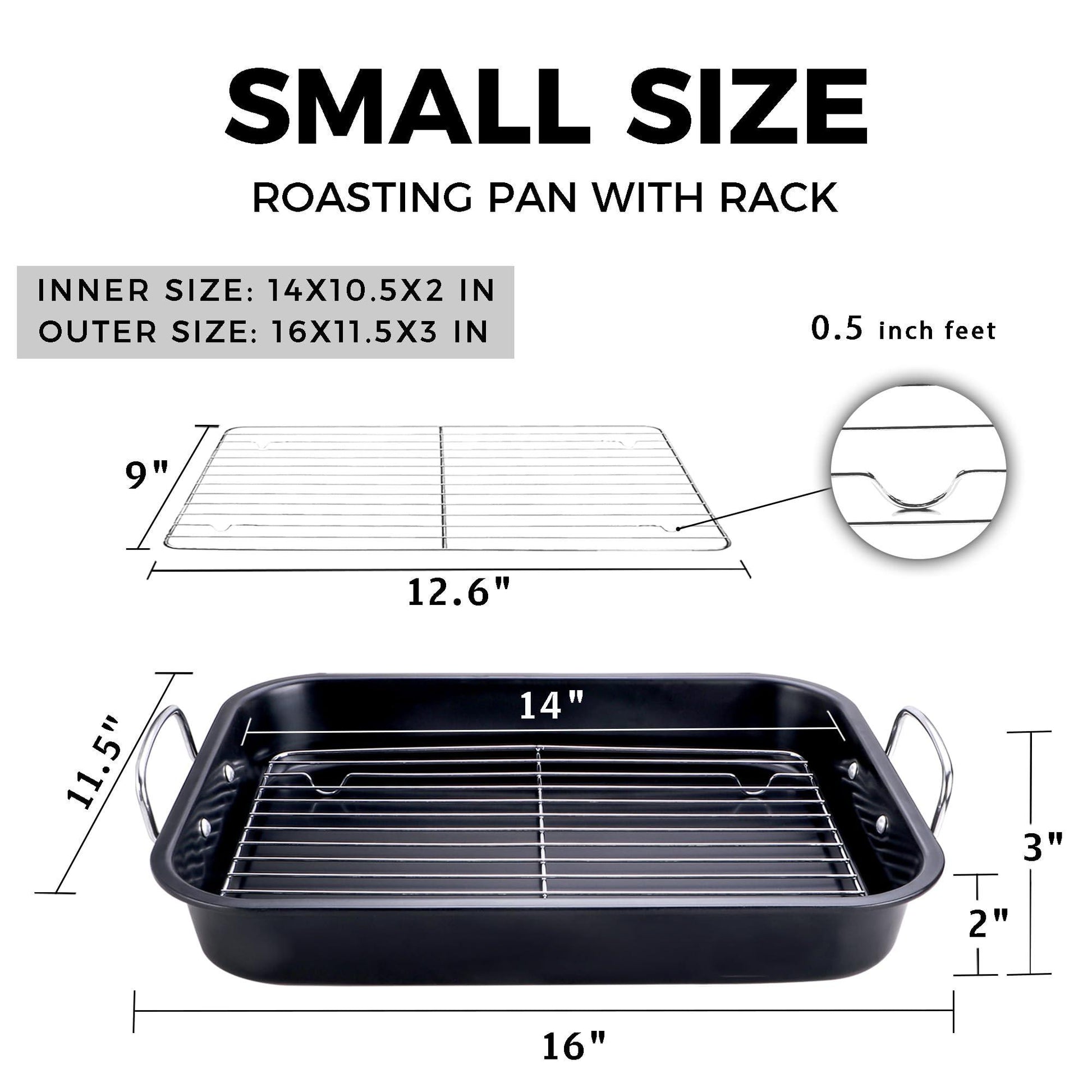 HONGBAKE Small Roasting Pan with Flat Rack, Nonstick Chicken Roaster Tray, Mini Oven Pans for Cooking Lasagna with Stainless Steel Handles, 16 X 11Inch - CookCave