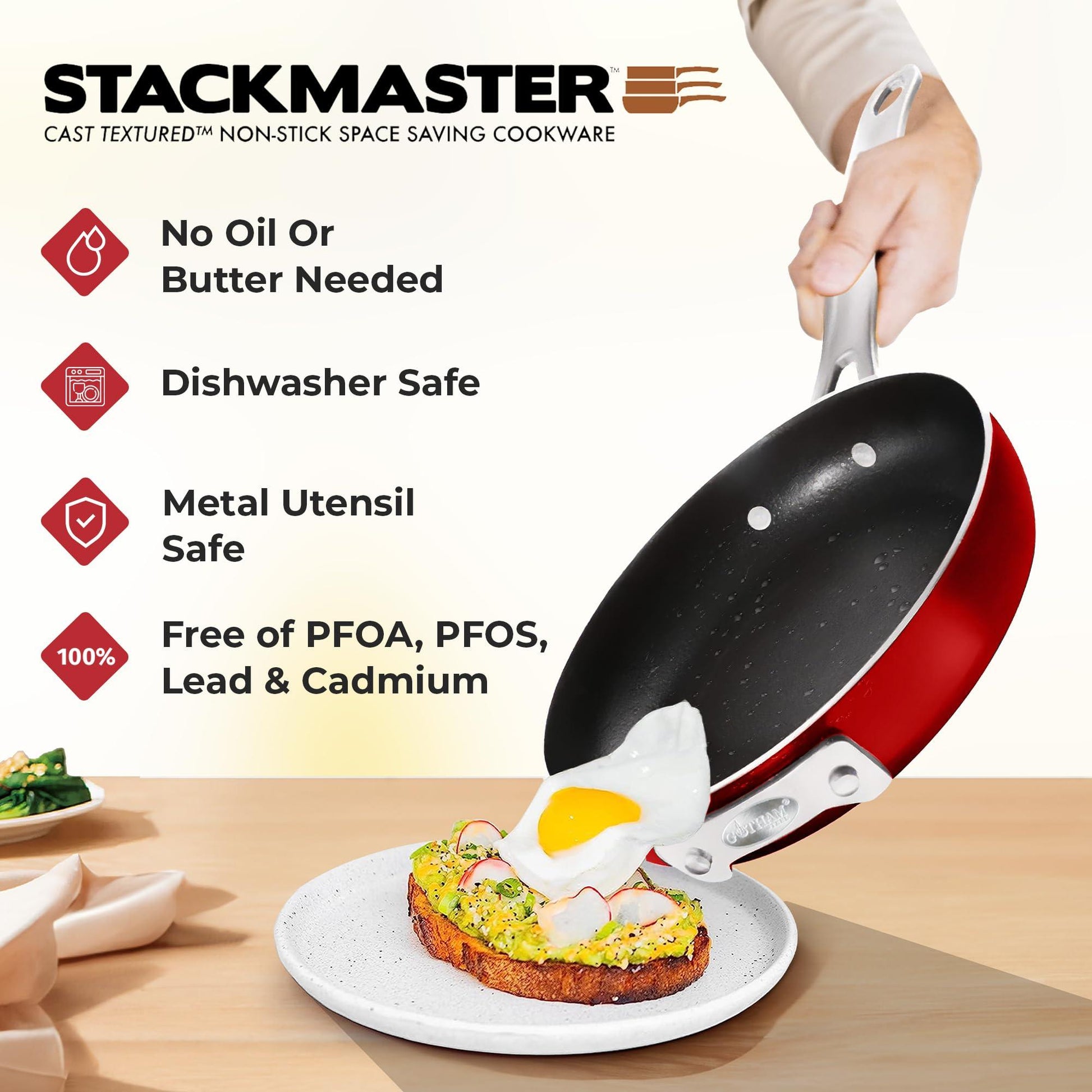 Gotham Steel STACKMASTER Pots Stackable 10 Piece Cookware Set Ultra Nonstick Cast Texture Coating Includes Fry Pans, Red - CookCave