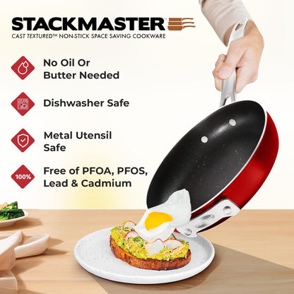 Gotham Steel STACKMASTER Pots Stackable 10 Piece Cookware Set Ultra Nonstick Cast Texture Coating Includes Fry Pans, Red - CookCave