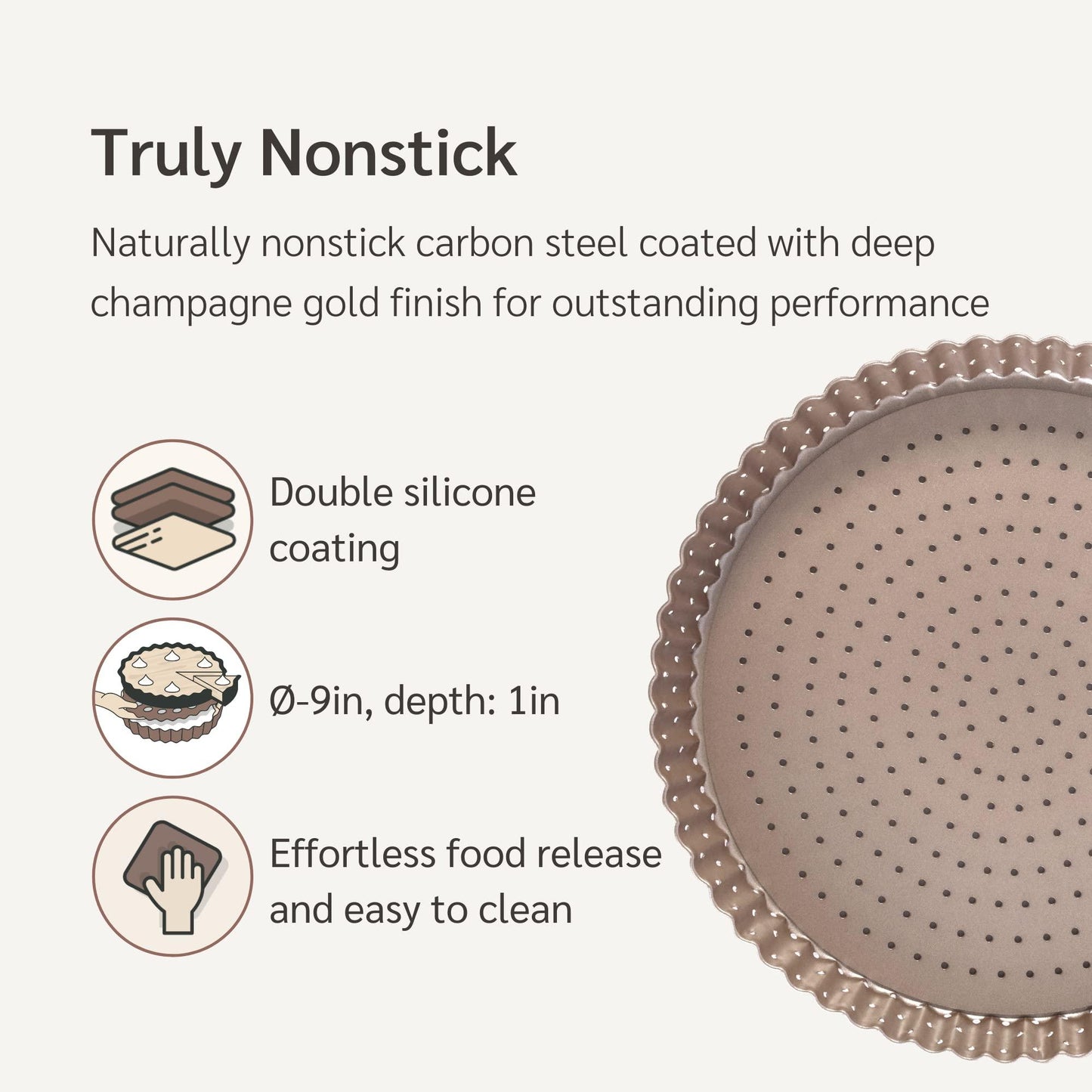 HAPPIELS Non-Toxic Nonstick 9-inch Tart Pan with Removable Bottom Perforated | Round Gold Quiche Pan - CookCave