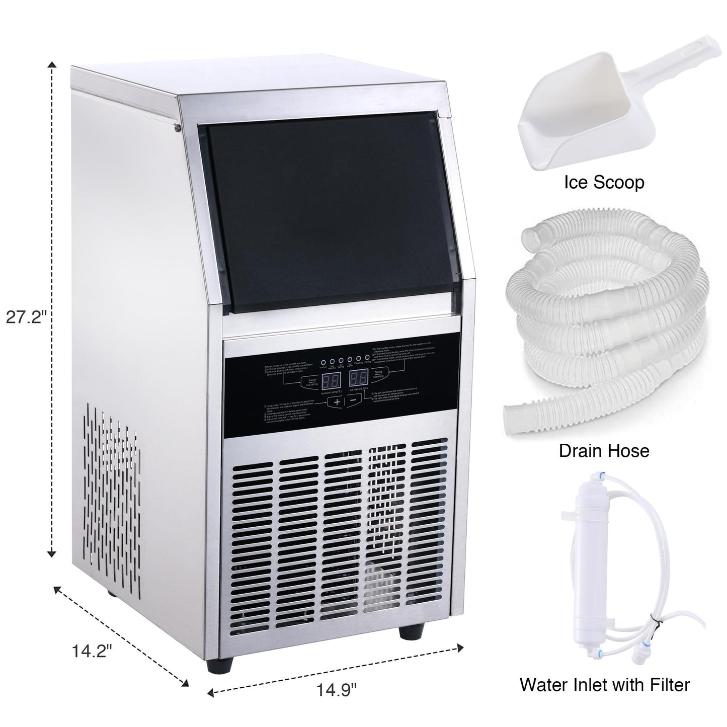 Zomagas Commercial Ice Maker Machine, 80-90LBS/24H Under Counter Ice Maker, Stainless Steel Freestanding Ice Machine with 28LBS Bin, Self-Cleaning, Scoop, Ideal for Home Bar Offices - CookCave