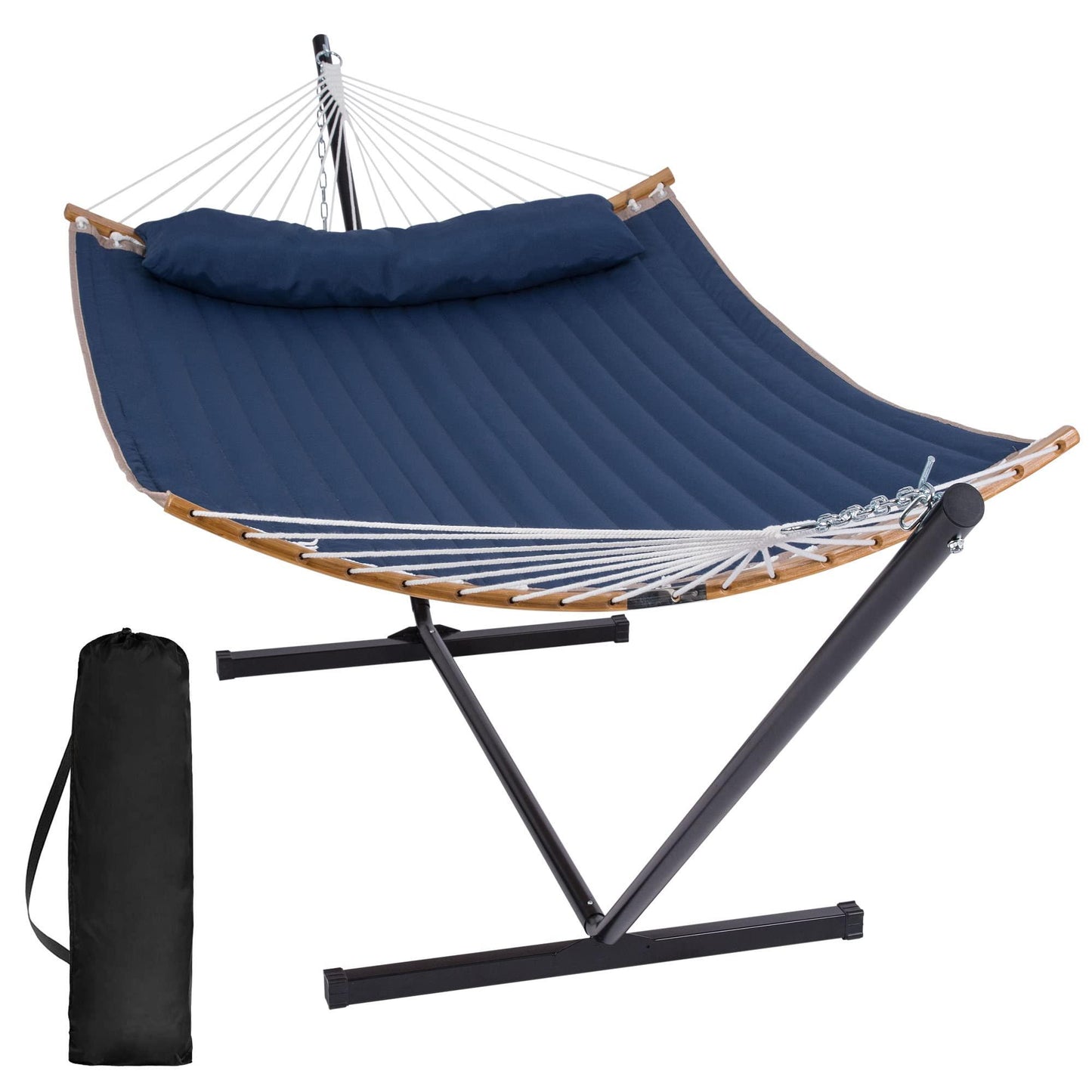 SUNCREAT Outdoor Hammock with Curved Spreader Bar, Patio Double Hammock with Stand, Soft Pillow, 450 lbs Capacity,Dark Blue - CookCave