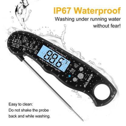 KULUNER TP-01 Waterproof Digital Instant Read Meat LCD Thermometer with 4.6” Folding Probe Backlight & Calibration Function for Cooking Food Candy, BBQ Grill, Liquids,Beef(Black) - CookCave