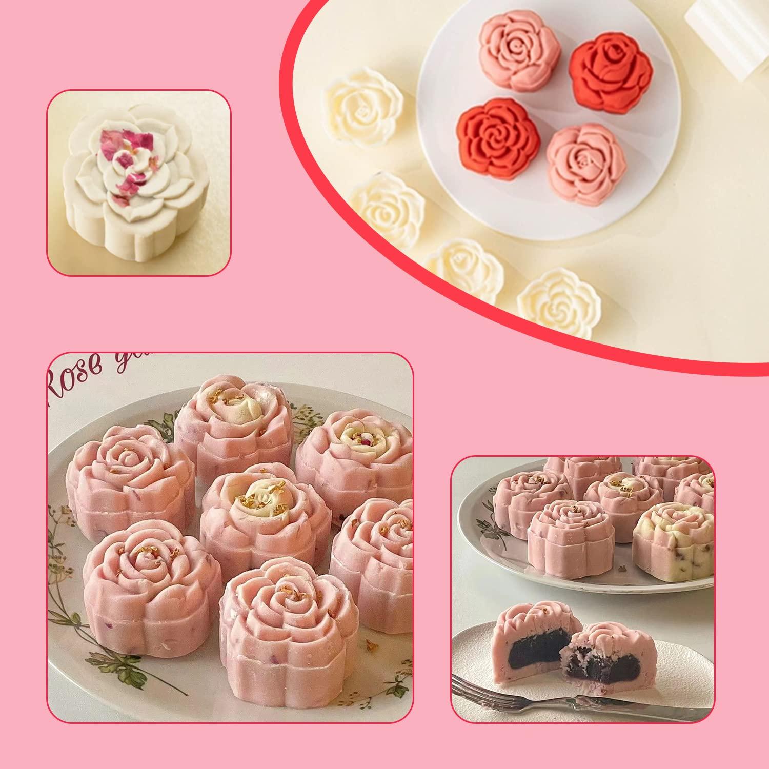 Stamped mid-autumn mooncake press mold, hand-pressed mooncake dessert DIY with 4 stamped flower, mooncake puff pastry press mold DIY (4 rose stamps-1) - CookCave