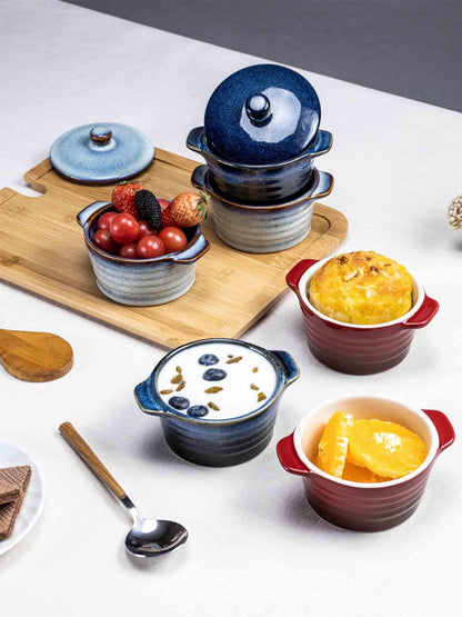 Henten Home Ceramic 8 oz Ramekins with Lid, Porcelain Mini Cocotte with Handle Set of 4, Reactive Glaze Samll Casseroles Dishfor Baking, Custard Cup, Pudding, Crème brûlée (Deep Blue) - CookCave