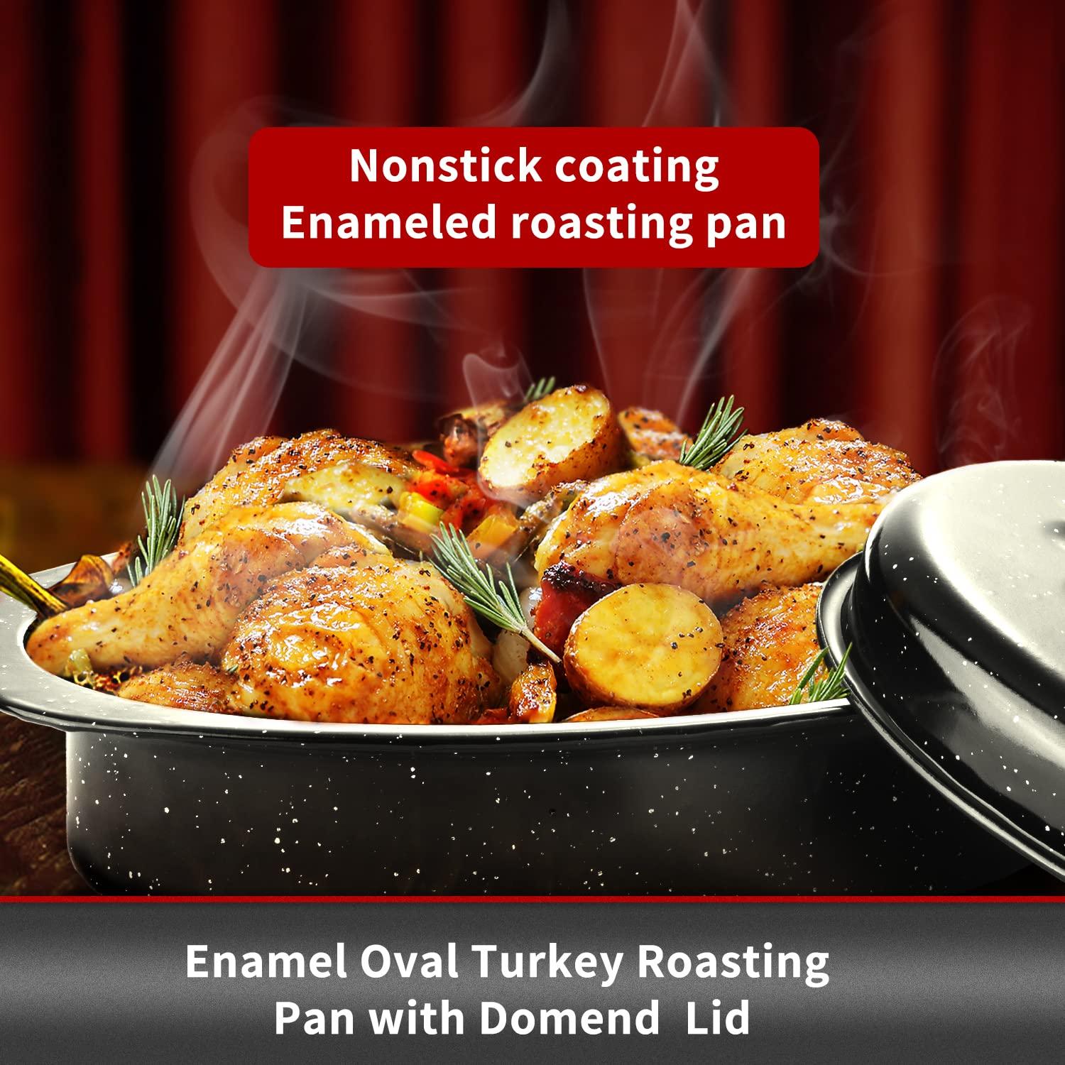JY COOKMENT Granite Roaster Pan, Small 13” Enameled Roasting Pan with Domed Lid. Oval Turkey Roaster Pot, Broiler Pan Great for Small Chicken, Lamb. Dishwasher Safe Cookware Fit for 7Lb Bird - CookCave