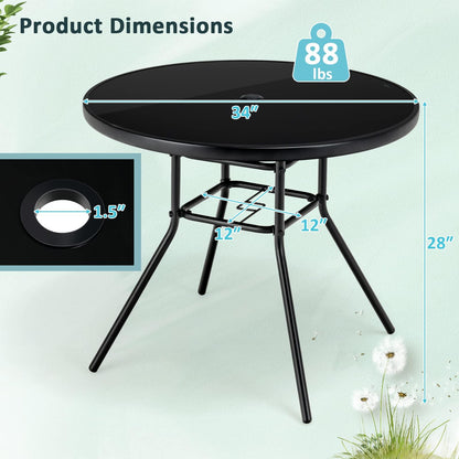 Tangkula 34 Inch Patio Dining Table, Round Tempered Glass Table with 1.5” Umbrella Hole, Heavy-Duty Metal Frame, Outdoor Metal Dining Table for Garden, Balcony, Porch - CookCave