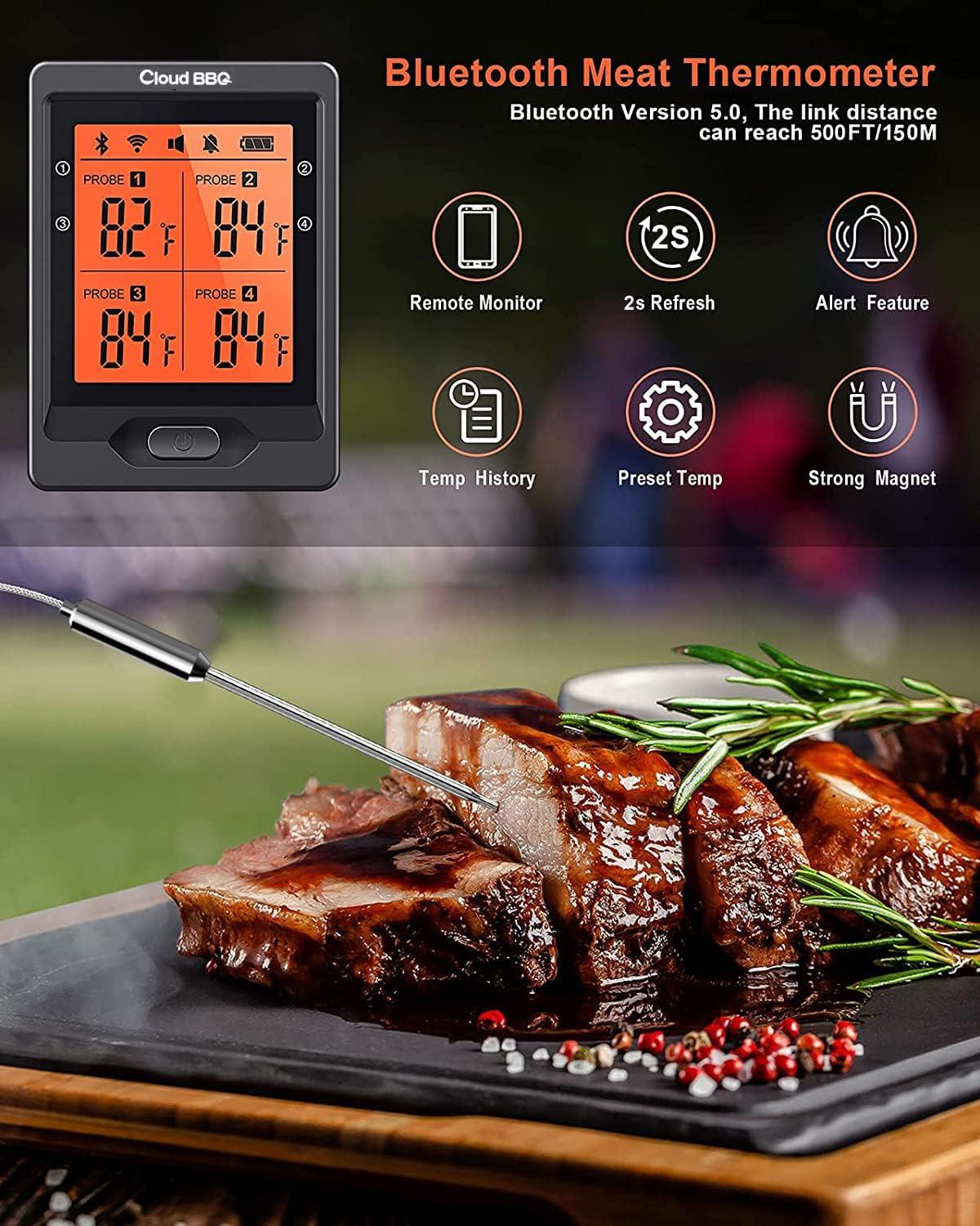 Cloud BBQ 500FT Wireless Meat Thermometer, Smart Rechargeable BBQ Thermometer with Four Probes, Bluetooth Meat Thermometer for Somker, Oven,Grilling, Cooking Turkey Fish Beef (FS-66) - CookCave